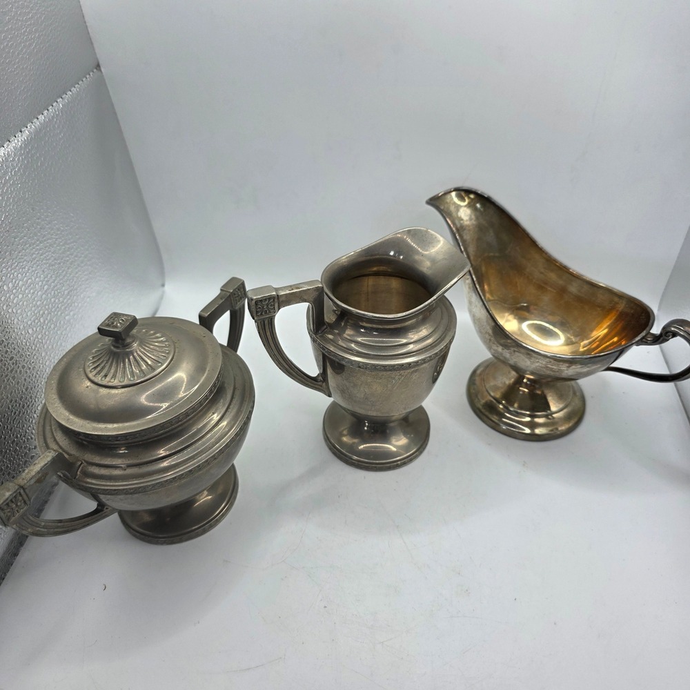 Vintage Silverplate 3 Piece Serving Set Sugar Bowl Creamer Gravy Boat Art Deco